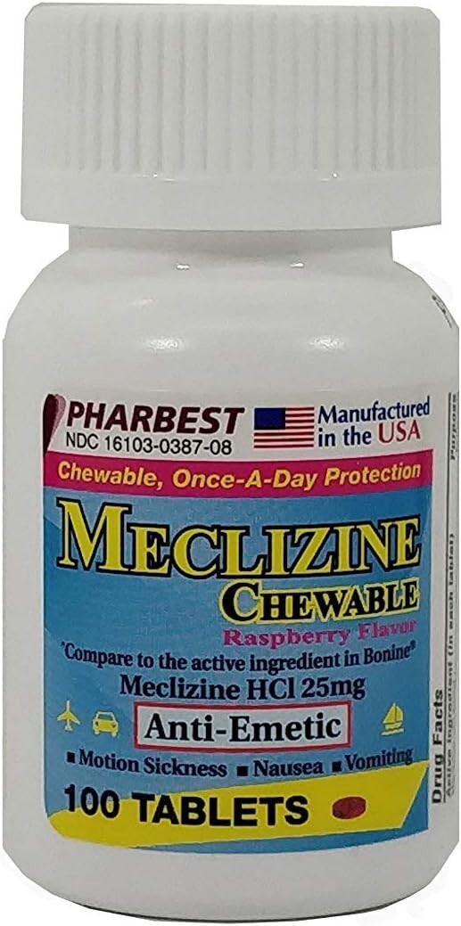 Meclizine HCL 25mg Tablets 100 ea (Compare to Bonine) Chewable Exp. April 2027
