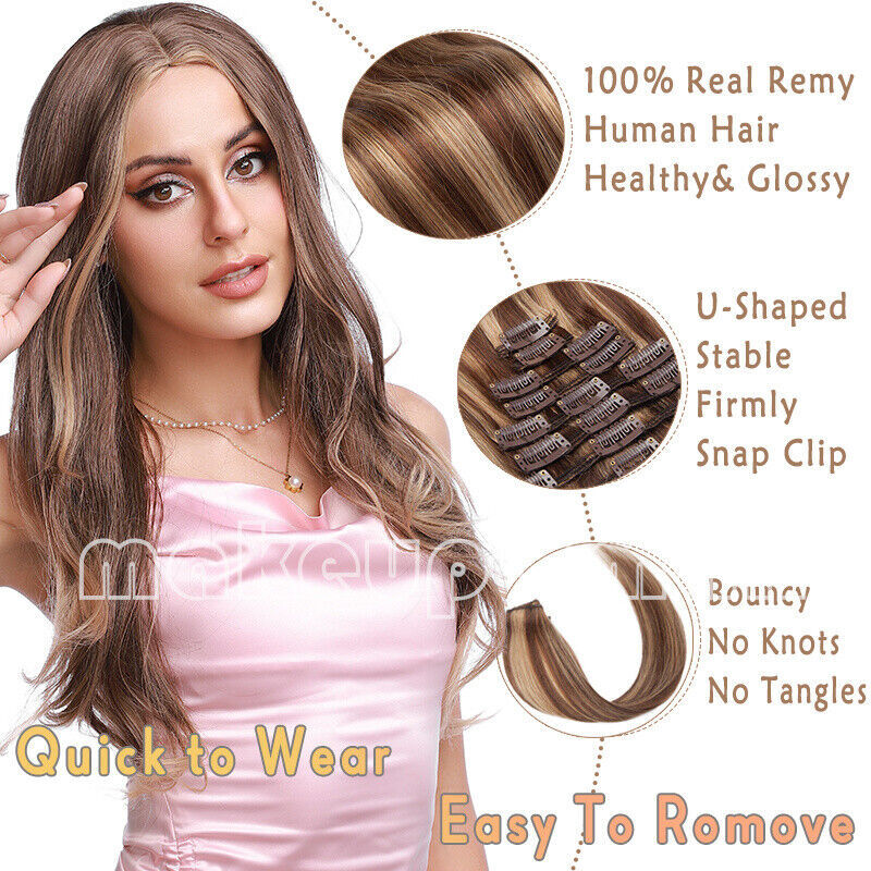 Clip in 8 Pieces 100% Remy Human Hair Extensions Full Head Straight 16″18″20″