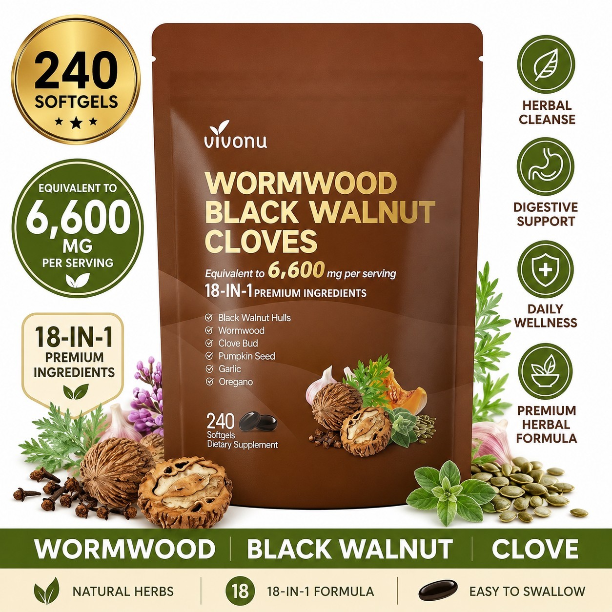 Wormwood Black Walnut Clove Softgels 240 Count 18-in-1 Herbal Blend 6600mg