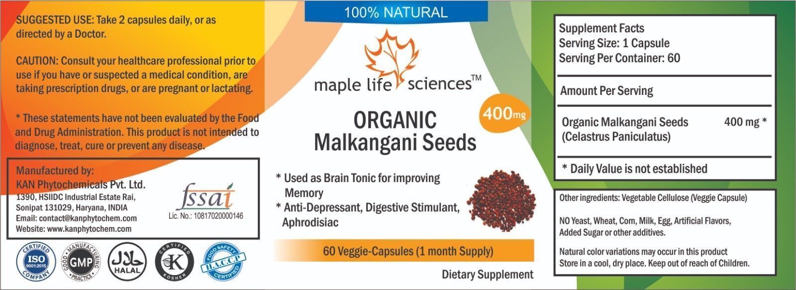 ORGANIC Celastrus Paniculatus Capsules Jyotishmati Malkangani Pure No Fillers