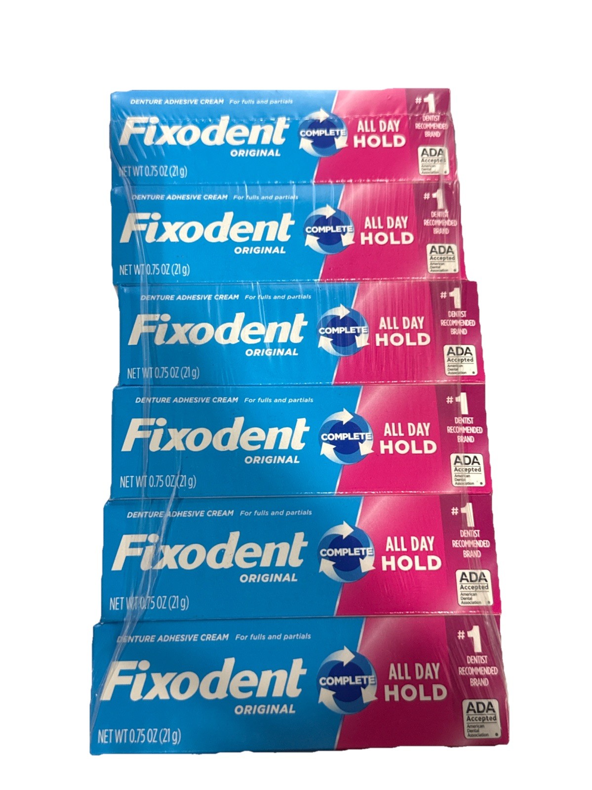 6 PACK Fixodent Denture Adhesive Cream, Original, Strong And Long Hold – 0.75 Oz