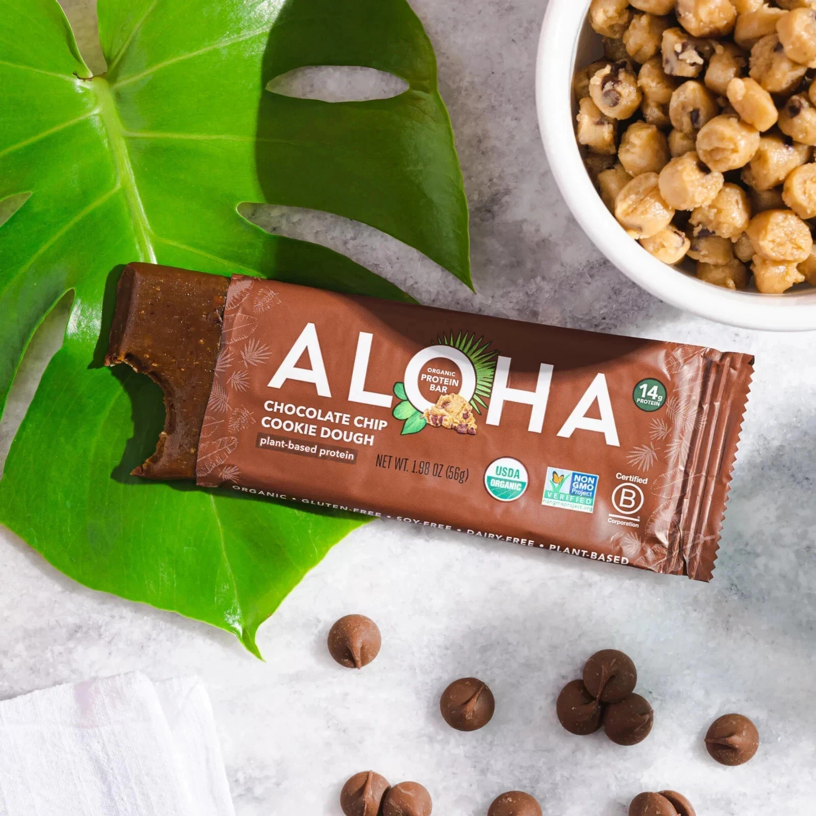 ALOHA Plant Based Protein Bars,Chocolate Chip Cookie,14g Protein (Pack of 2)