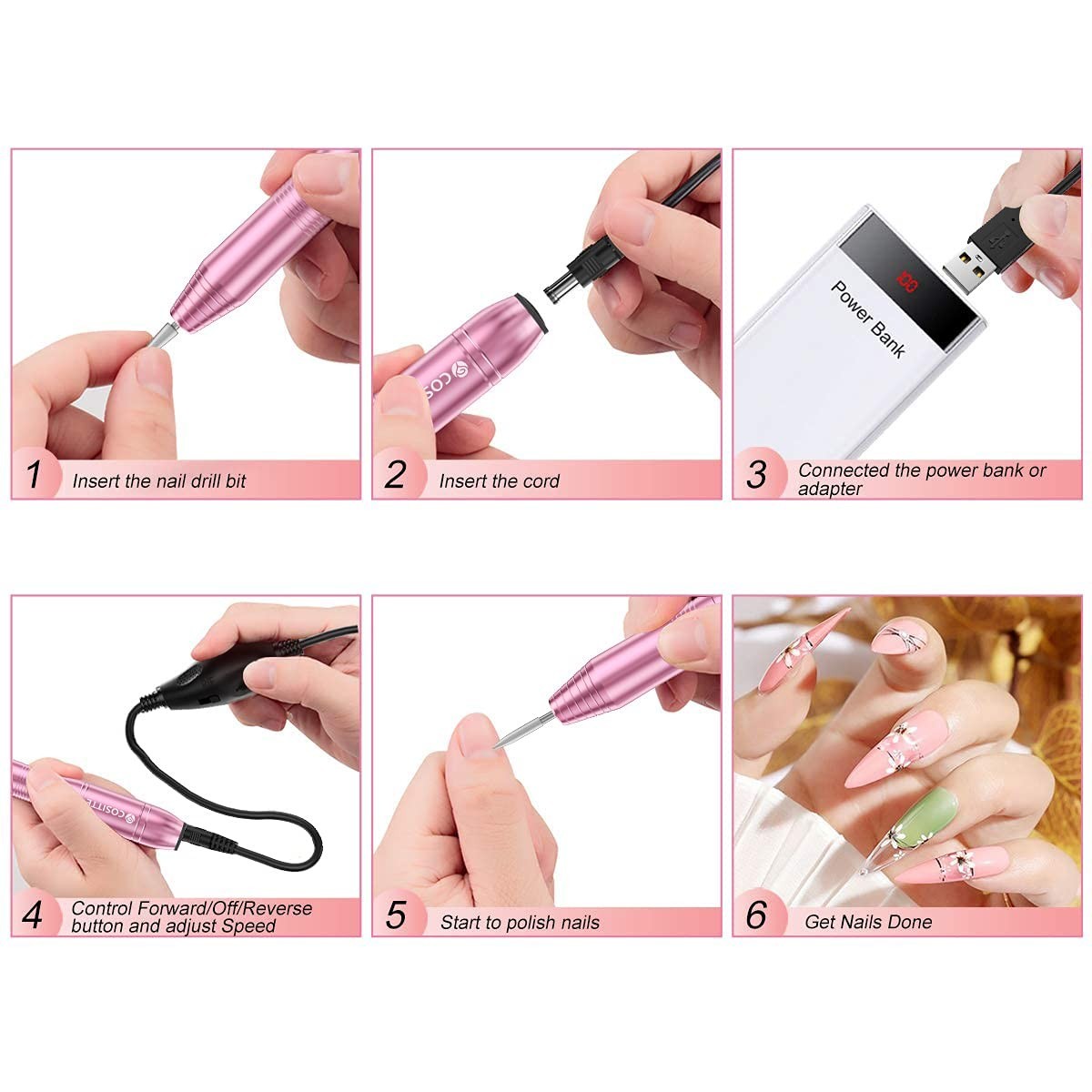 USB Nail Drill Kit with Adjustable Speed – Perfect for Manicure & Pedicure, Pink