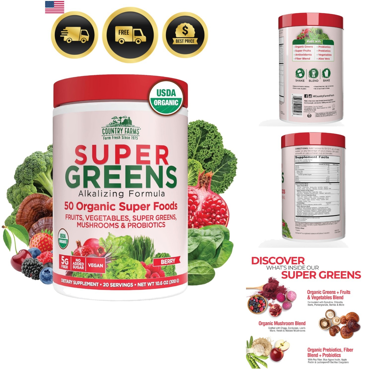 Organic Super Greens Berry Flavor, 50 Organic Super Foods, Packed with Fiber,…
