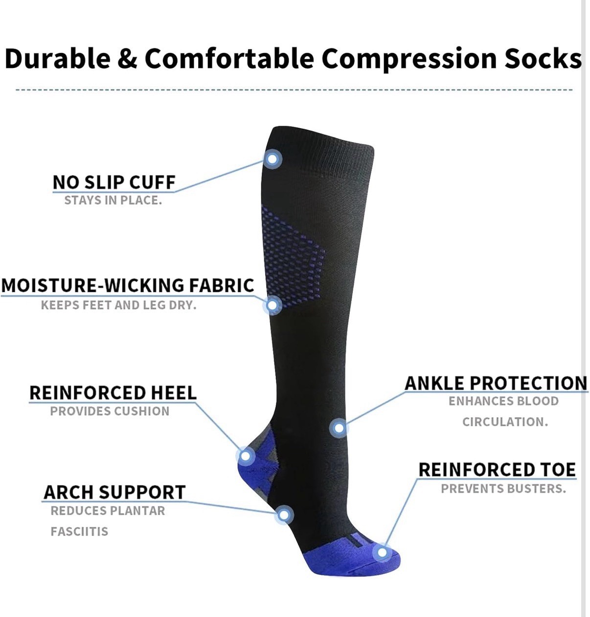 Compression Socks Adult Unisex Black Blue Women Men Nurse 3 Pair 20-30 mmHg Lg L