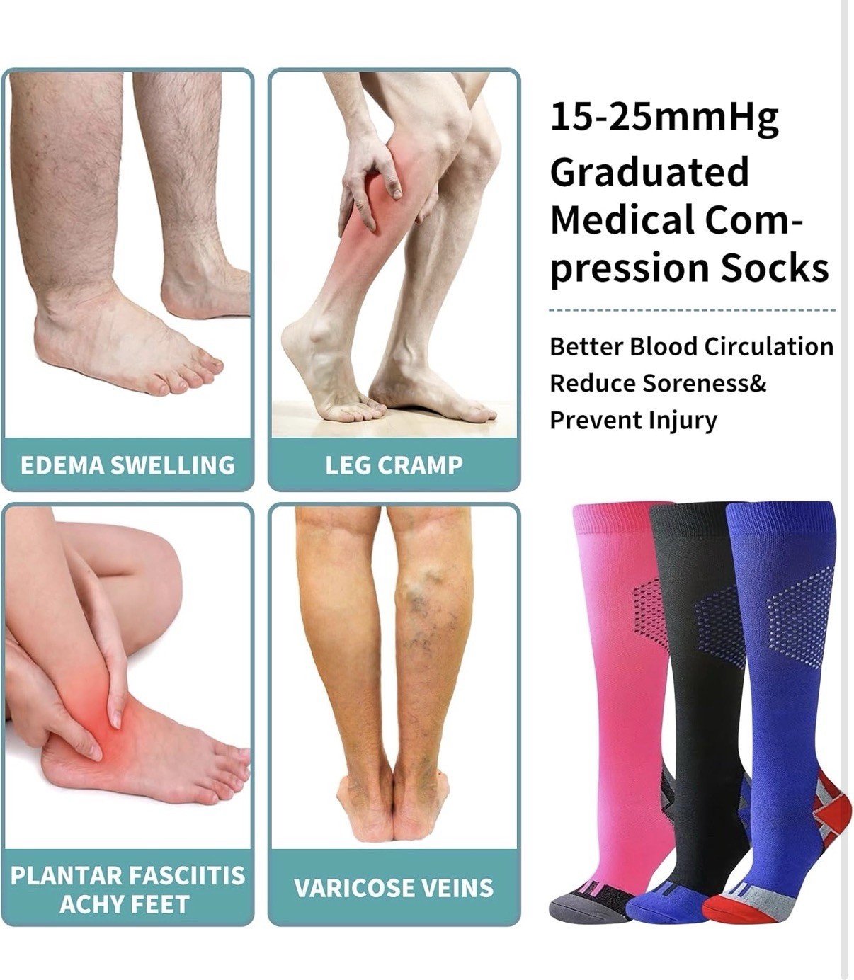 Compression Socks Adult Unisex Black Blue Women Men Nurse 3 Pair 20-30 mmHg Lg L