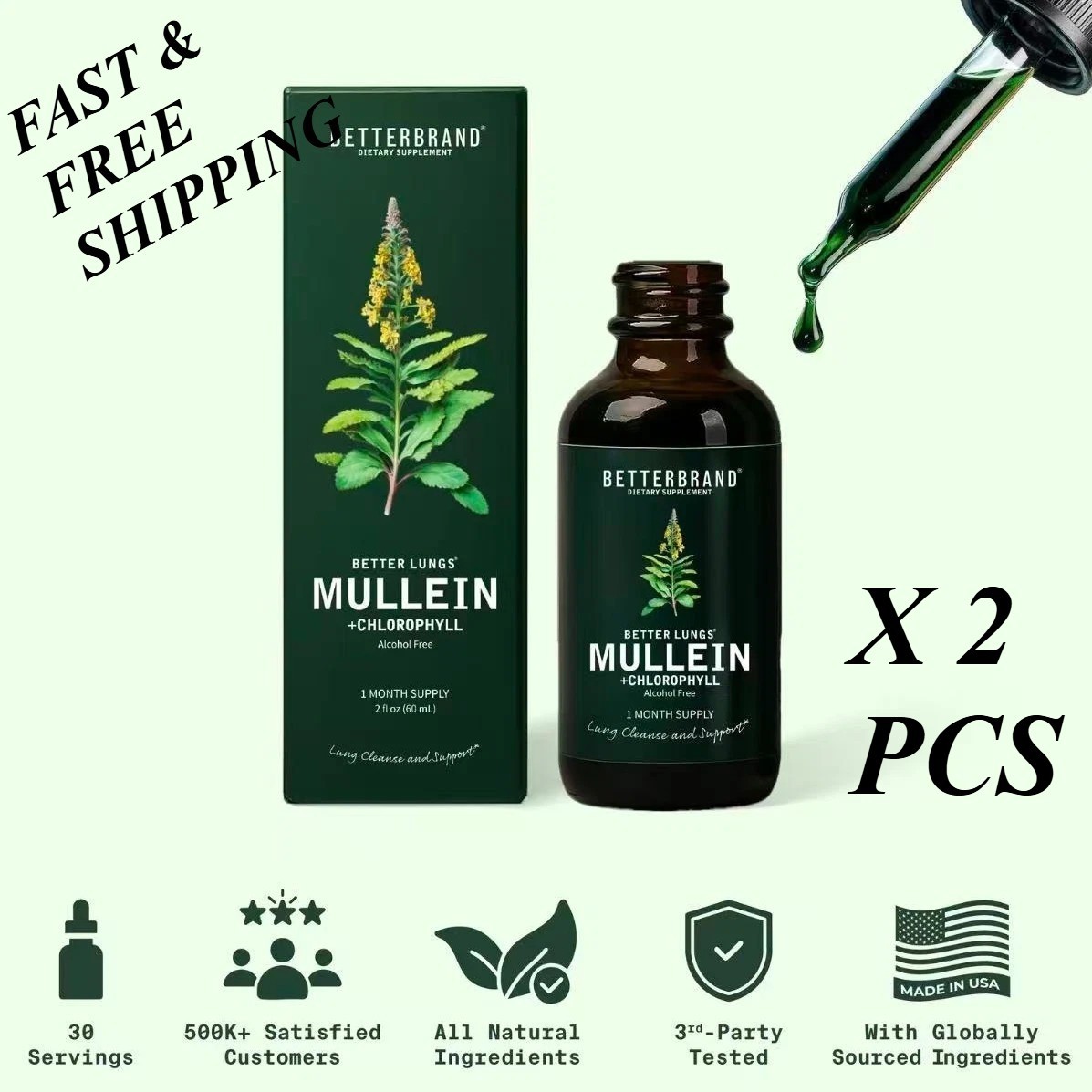 2 BOTTLES-Mullein Leaf&Chlorophyll Drops for Lung Purify&Mucus Purify-30Servings