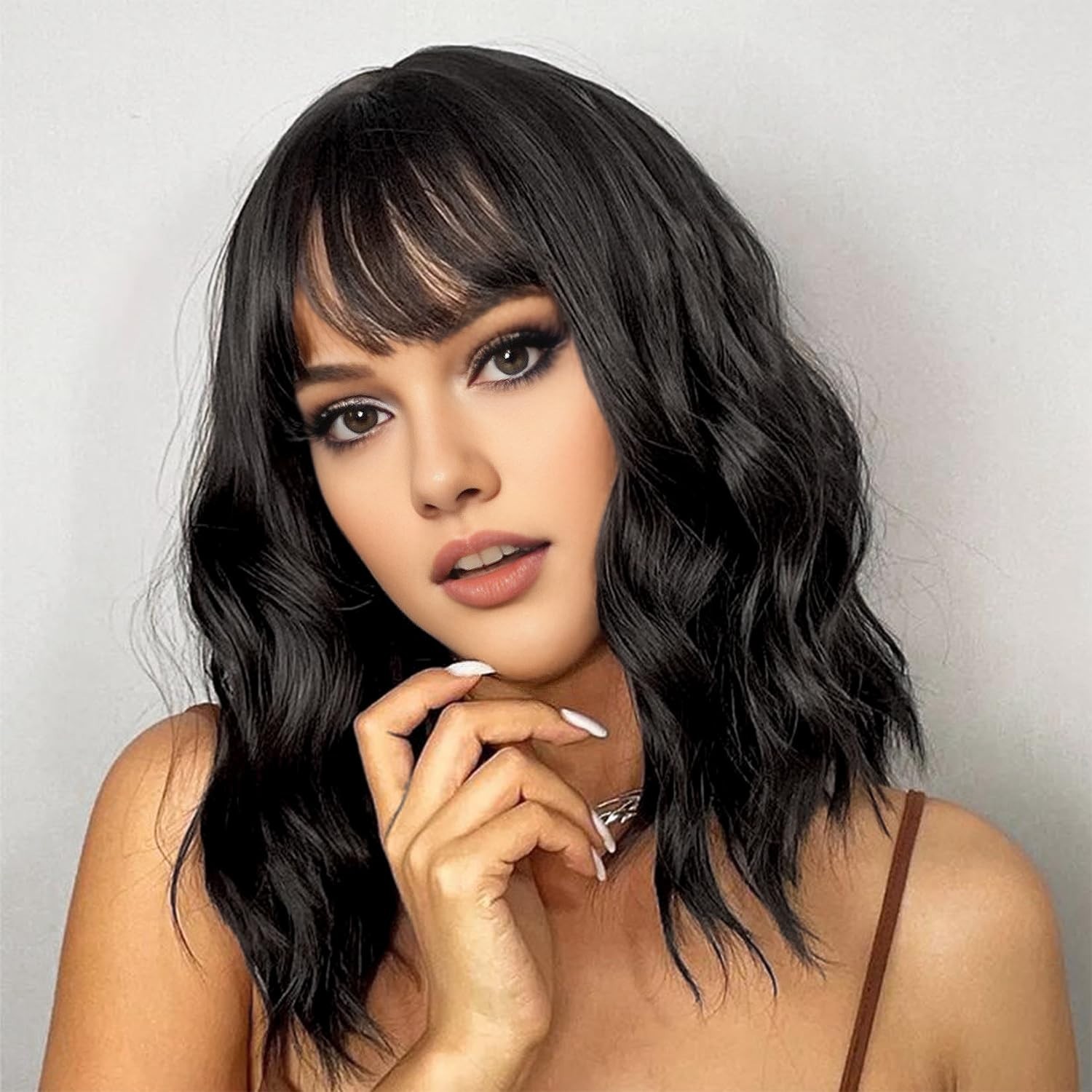 Mixed Blonde Bob Wavy Wigs with Bangs, Short Grey Blonde Bob Wig Loose Wave Synt