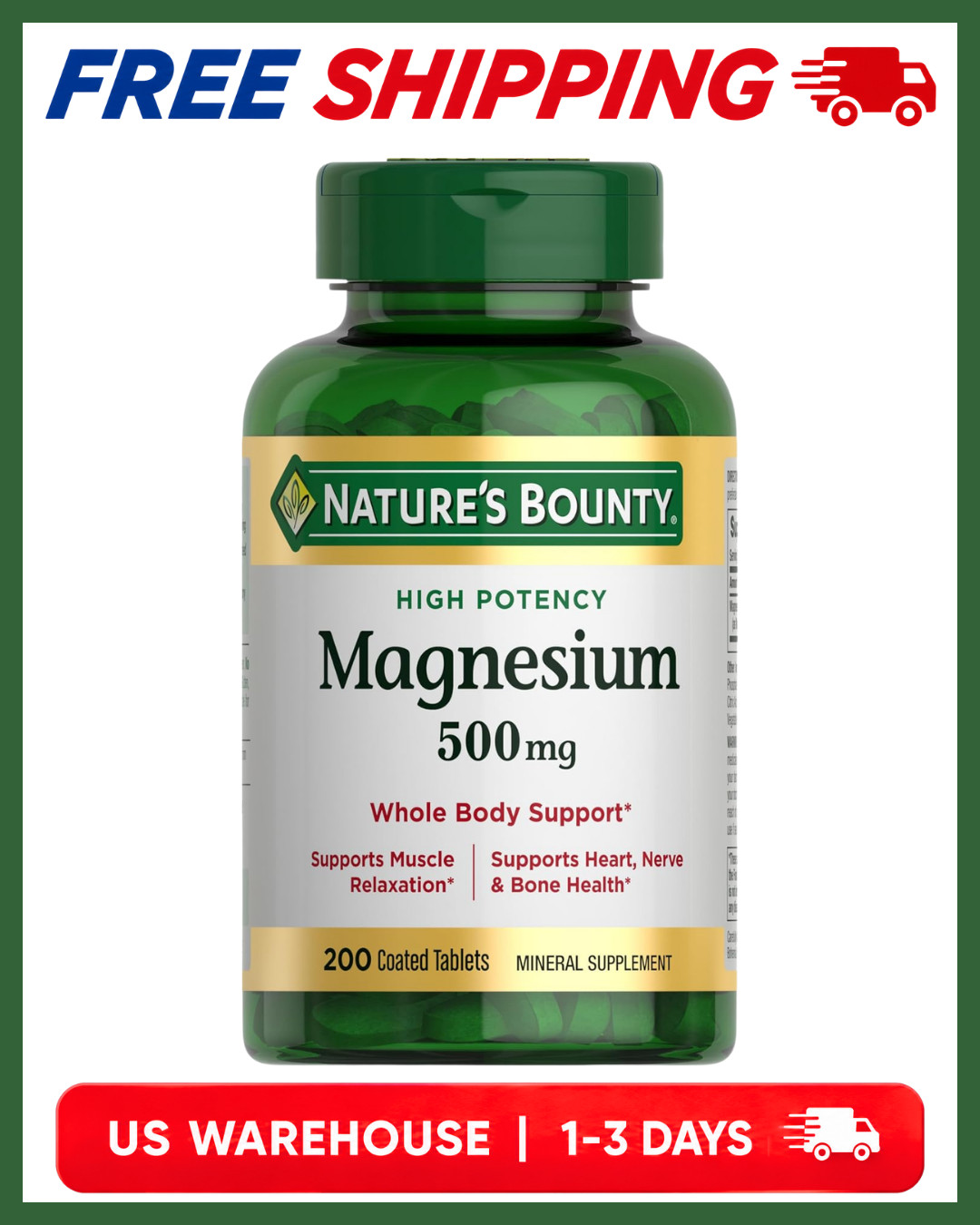Nature’s Bounty Magnesium 500 mg 200 Tab Muscle Bone Health Support SupplementUS