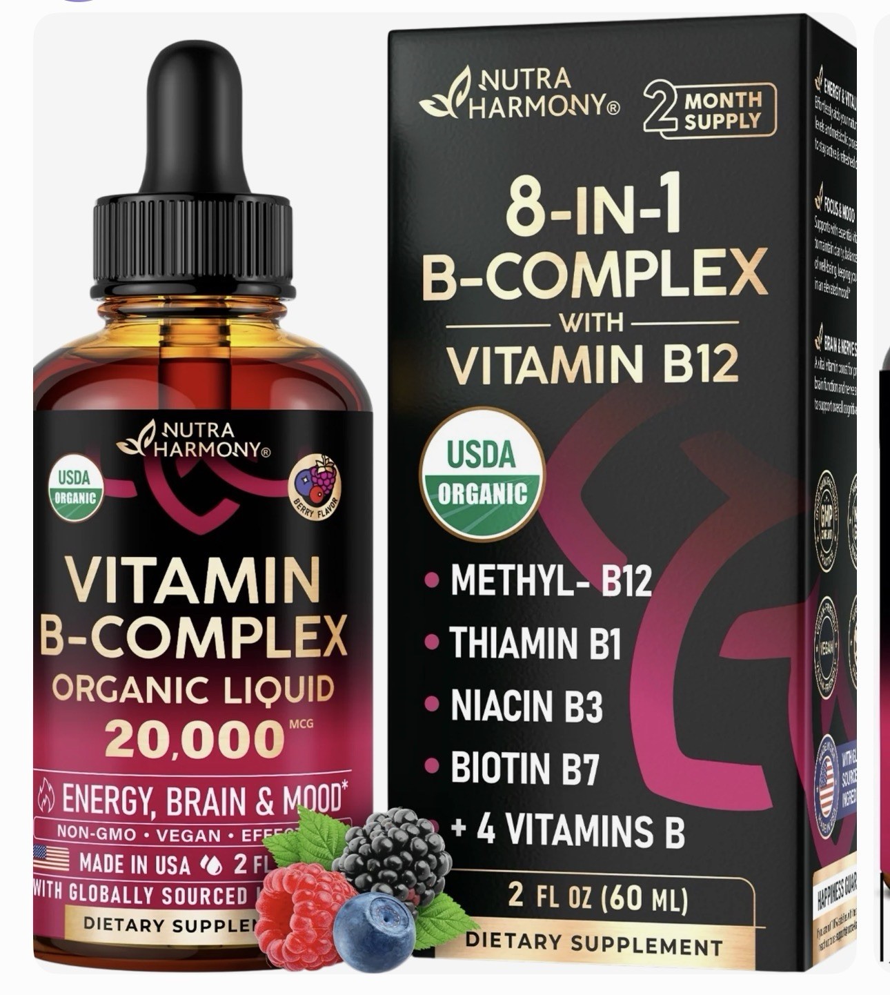 Nutra Harmony Vitamin B Complex Liquid 20000mcg B12 Energy Brain Mood Vegan New!