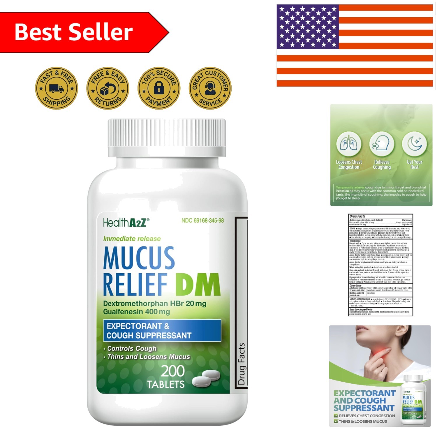 200 Count Unflavored Mucus Relief Tablets – Dextromethorphan & Guaifenesin Blend
