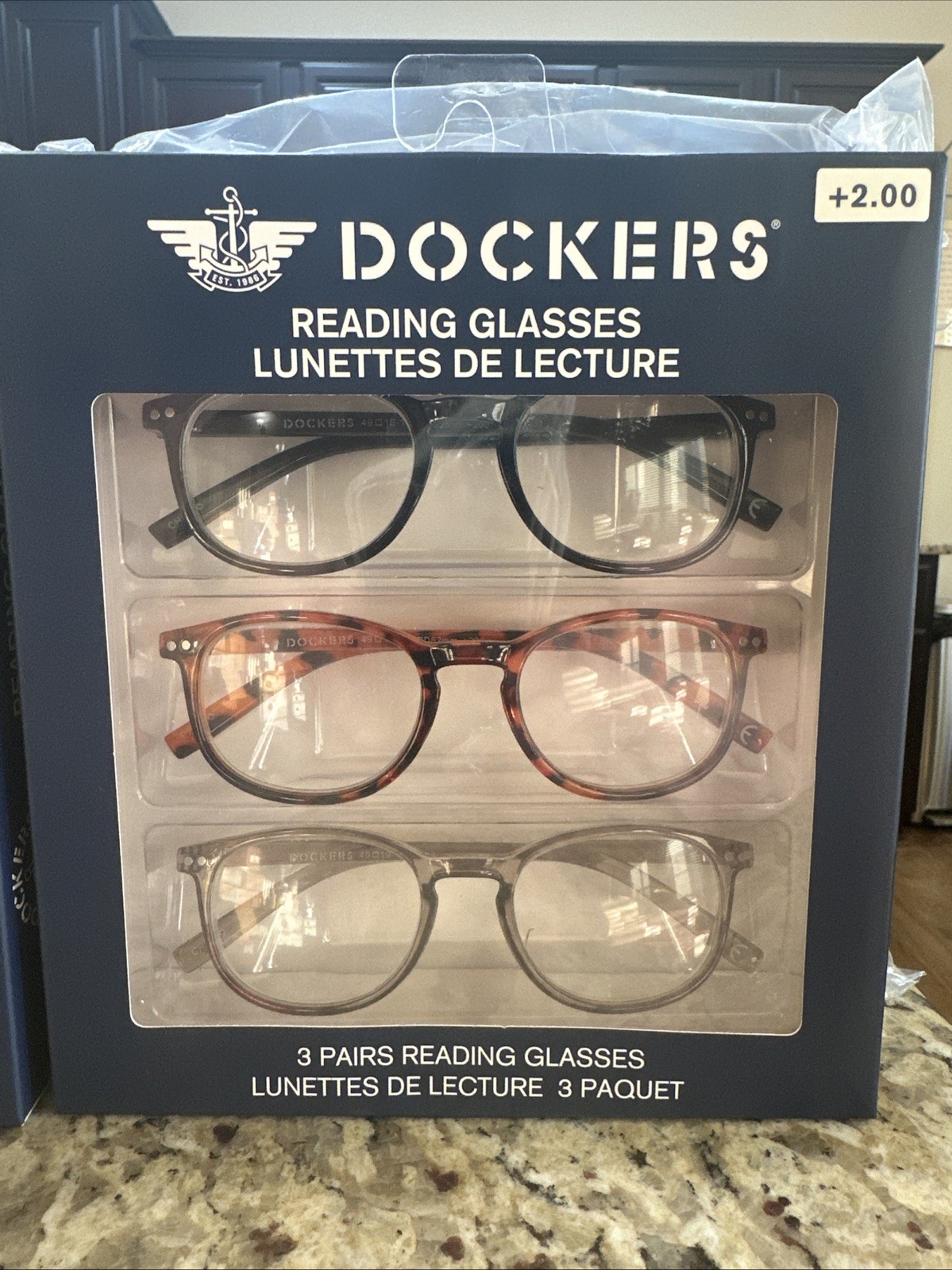 Dockers Reading Glasses +2.00 3 Pack BLACK, ANIMAL PRINT, GREY Round Frame