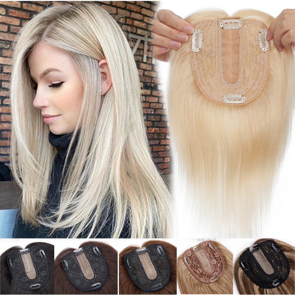 Women 100% Remy Human Hair Topper Toupee Clip In Hairpiece Silk Base Wiglet Wigs