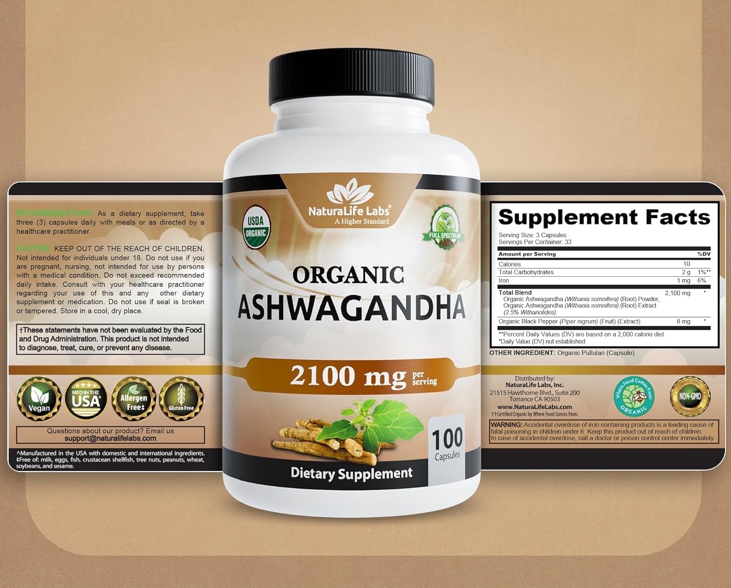 Organic Ashwagandha 2100mg – 100 vegan capsules 100% Pure Organic