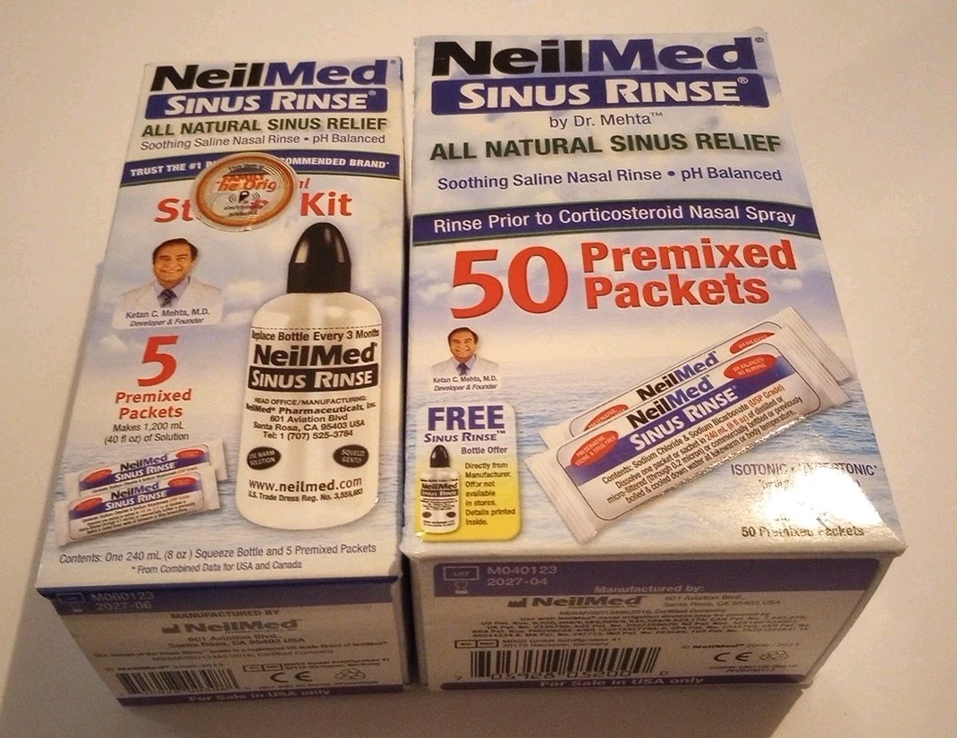 NeilMed Sinus Rinse 8 Oz Bottle +5 Premixed Packets & 50 Premixed Packets