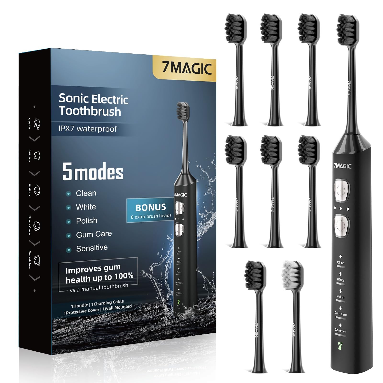7MAGIC Sonic Electric Toothbrush, 180-Day Runtime, 1 Count (Pack of 1), Black
