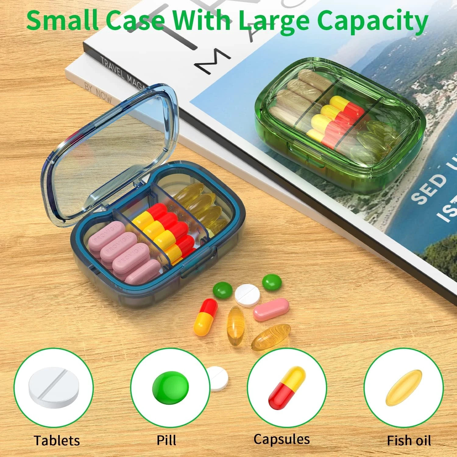 2 Pack 3 Compartment Small Pill Box, Moisture Proof Case, Travel Organizer for P