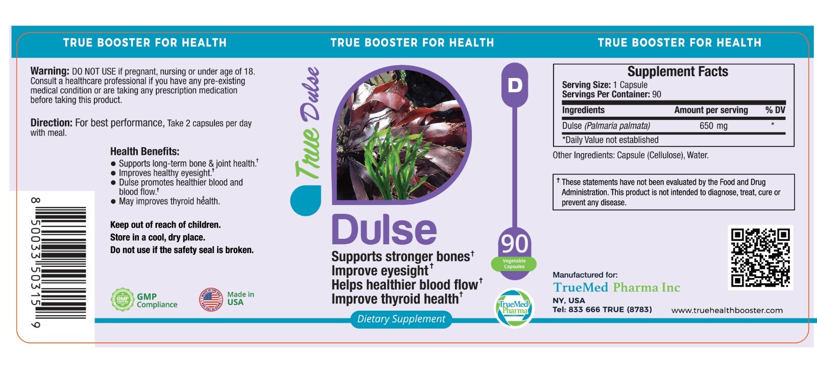 TrueMed Dulse Support Strong Bones Thyroid Health Blood Flow 650 mg 90 Capsules