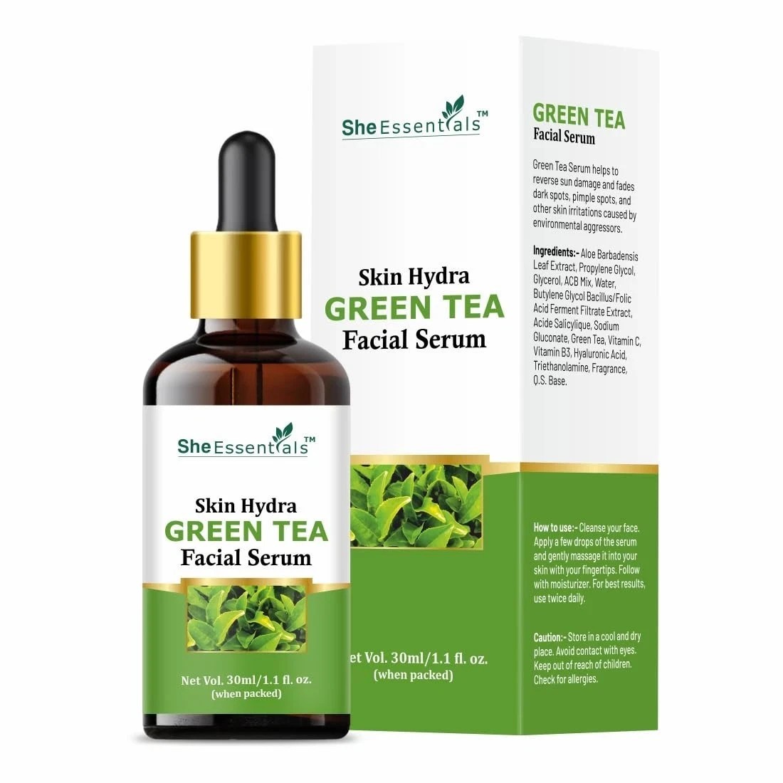 She Essentials Green Tea Facial Serum For All Skin Types 30ml