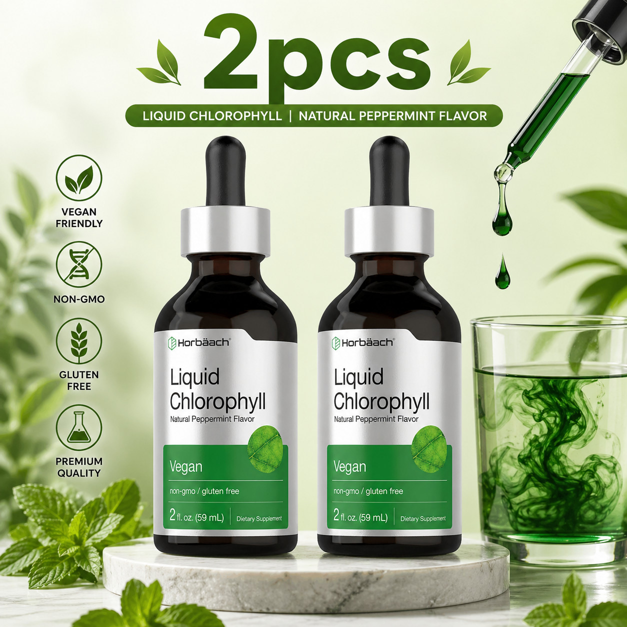 Horbäach Liquid Chlorophyll Drops | 2 oz | Natural Peppermint Flavor | Vegan