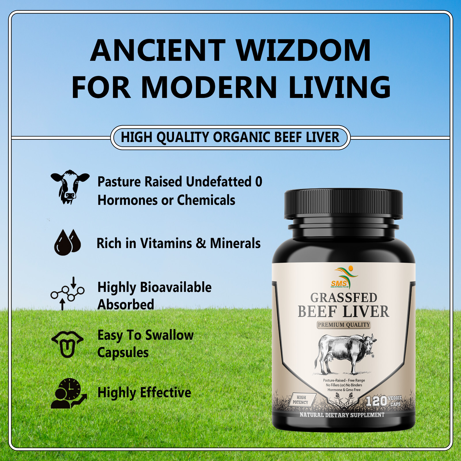 Desiccated Beef Liver Capsules, 100% Grass Fed Undefatted (3 Pack) 360 Capsules