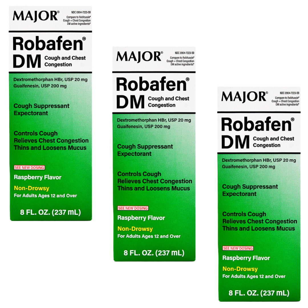 Major Robafen DM Cough Raspberry Flavor Syrup – 8 Fl Oz | Robitussin DM (3 Pack)
