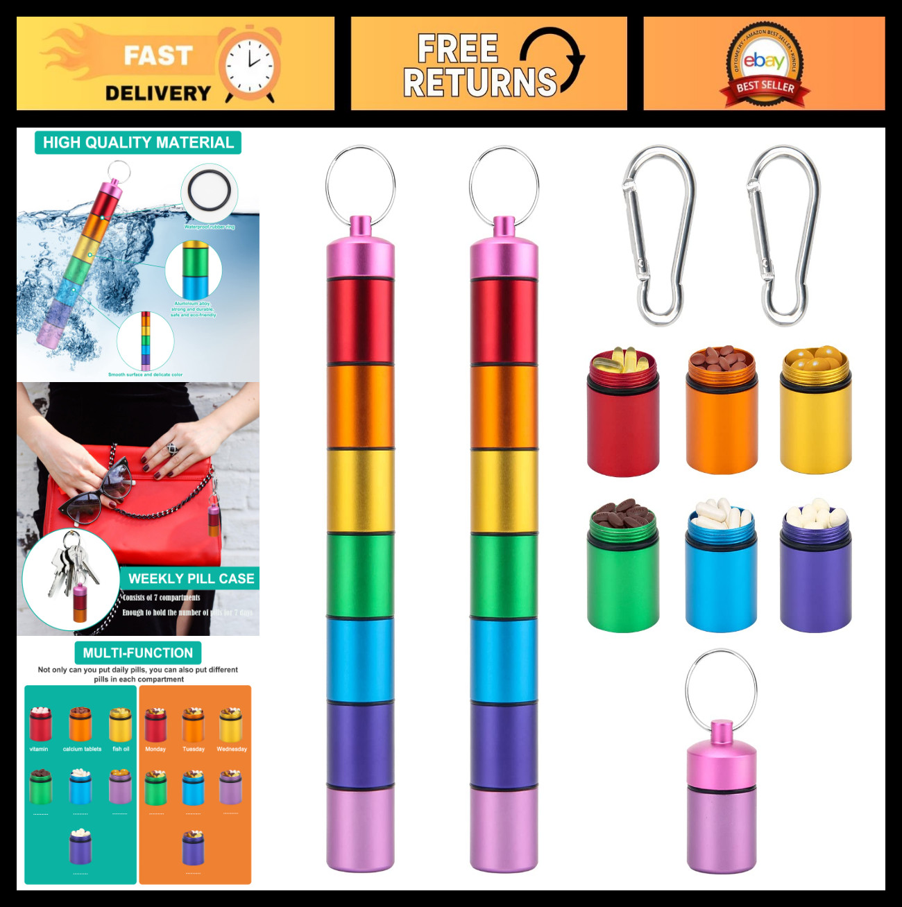 Portable Pill Case Keychain – 2 Pack Waterproof Weekly Organizer for Travel – Ra
