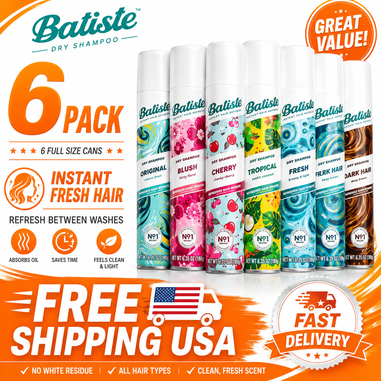 Batiste Dry Shampoo Bundle 6 Pack Bare Fragrance && 6 Pack of Minis
