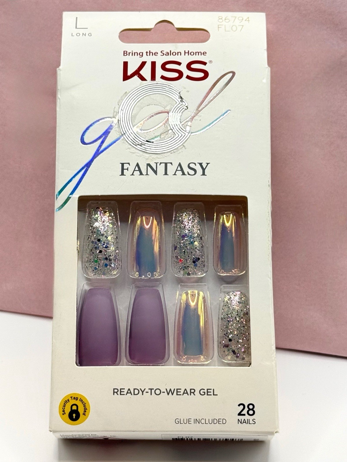 Kiss Gel Fantasy Press-On Manicure Nails Long Purple Chrome Glitter 86794