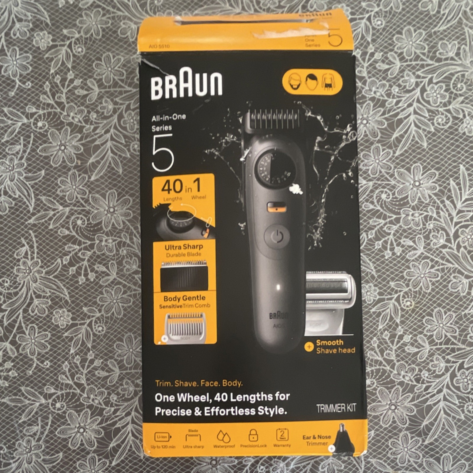 Braun AIO5 Trimmer Kit, Ultra Sharp Blade, Waterproof, 40 Lengths, Face & Body