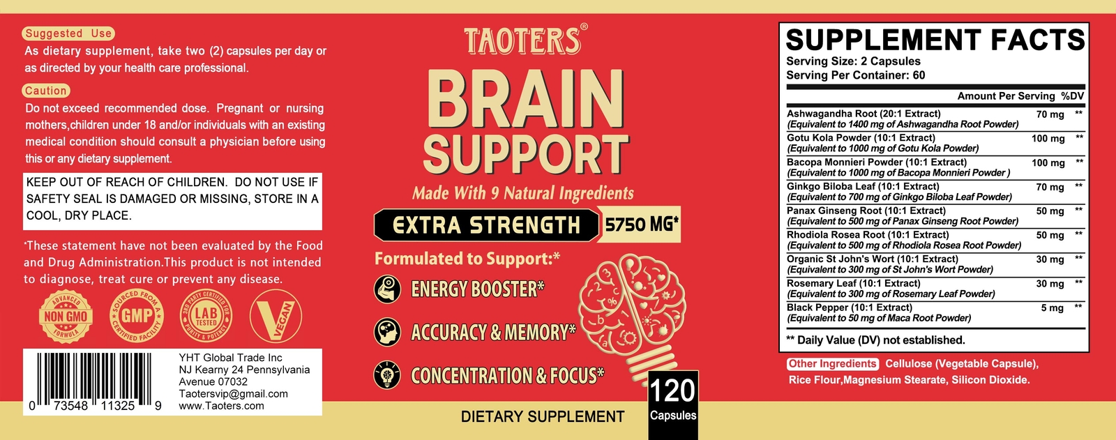 Brain Booster Nootropic Supplement Support Focus Energy Memory&Clarity 120 Caps