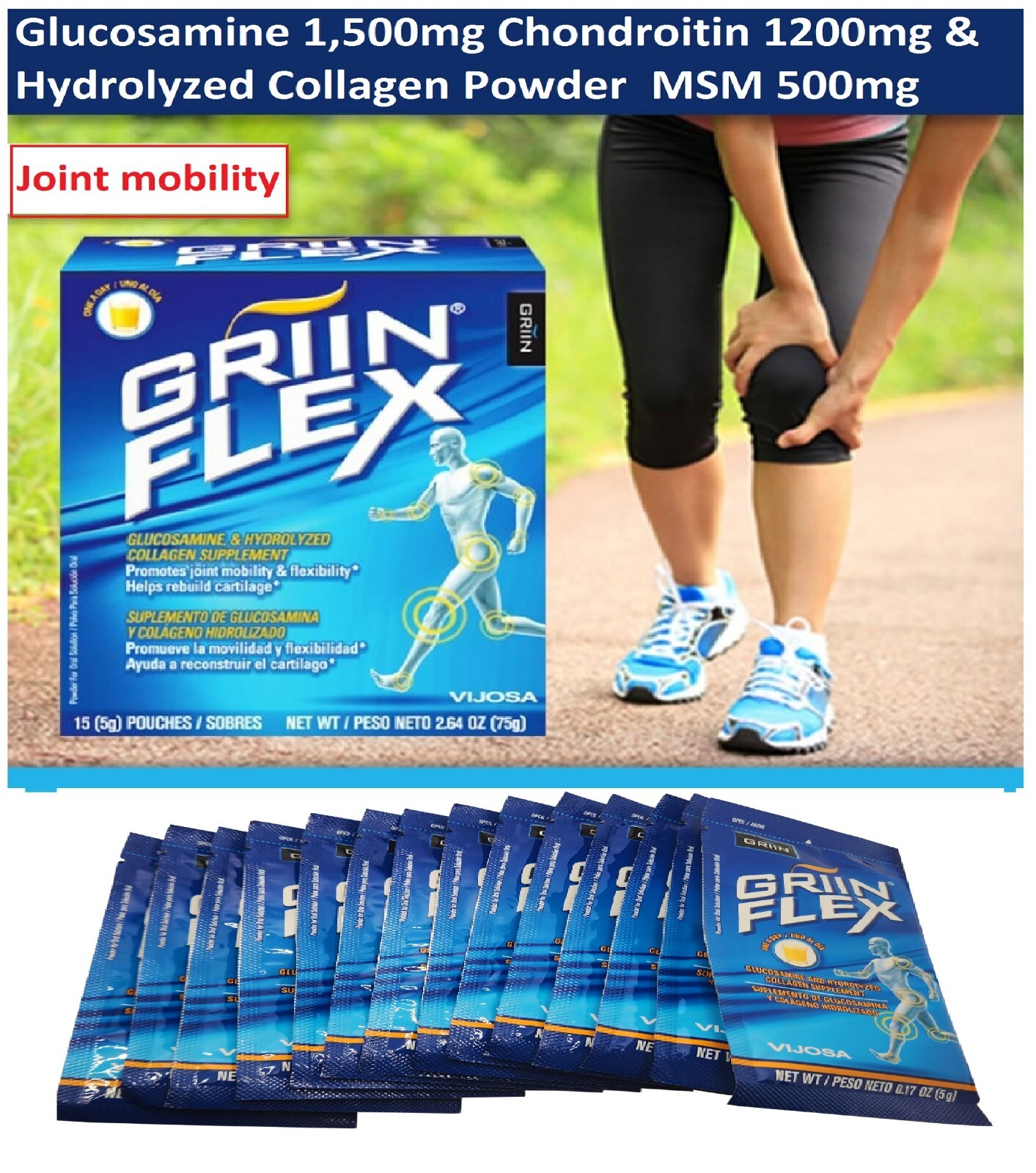 Colageno HYDROLYZADO Griin Flex CONDROITINA GLUCOSAMINA MSM polvo 15 sobres