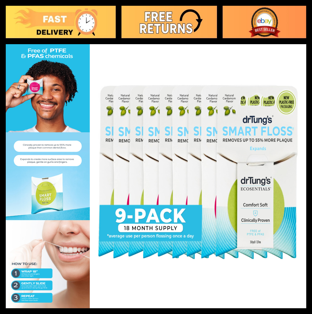 Natural Cardamom Dental Floss – Pack of 9, PTFE & PFAS Free, Gentle on Gums
