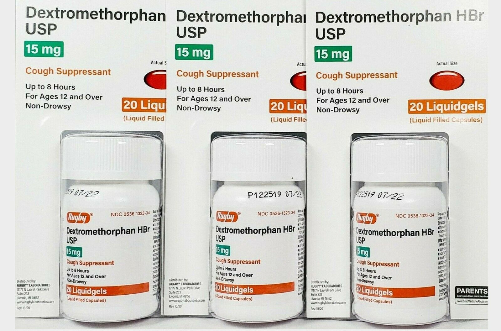 Rugby Dextromethorphan 15mg Cough Gels 8hr 20ct ( 3 pack ) NEW LOOK ARRIVING ~