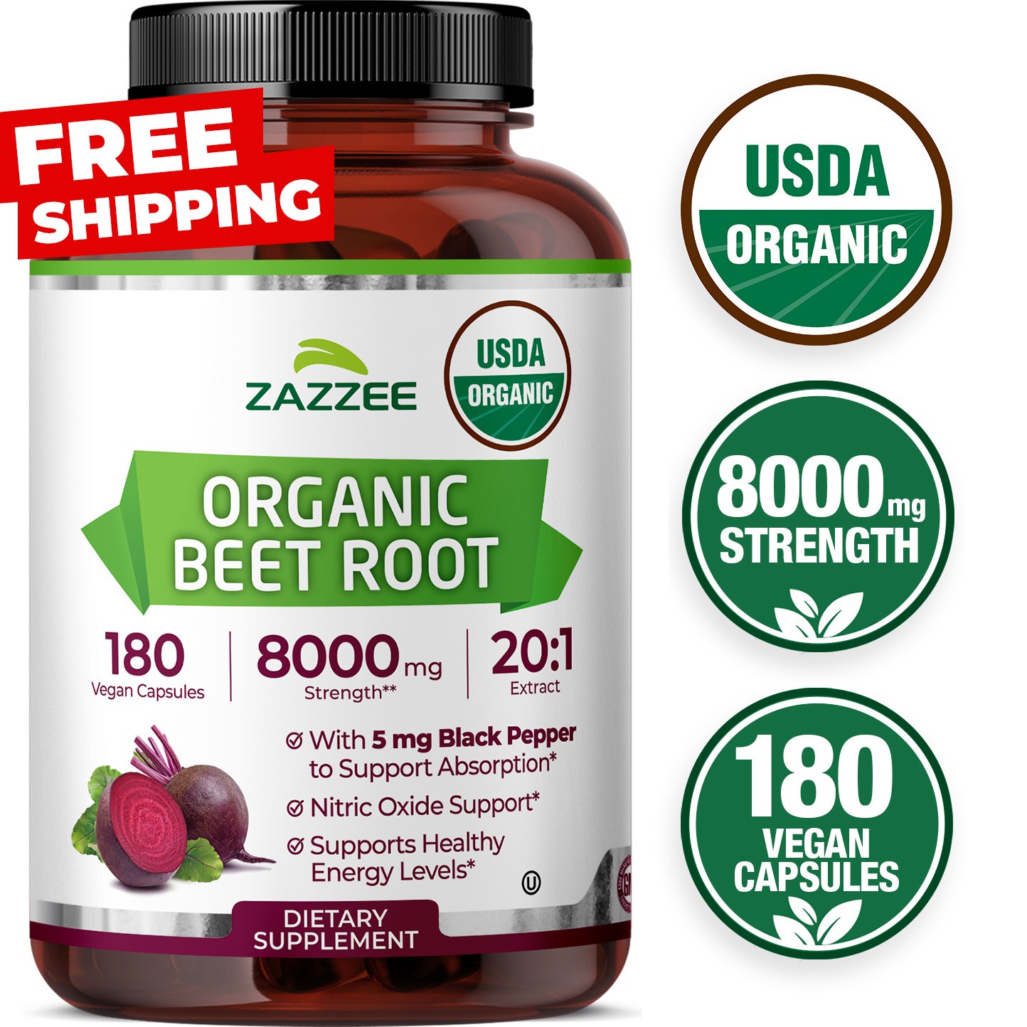 USDA Organic Beet Root 8000 mg Strength 20:1 Extract, 180 Vegan Capsules, Kosher