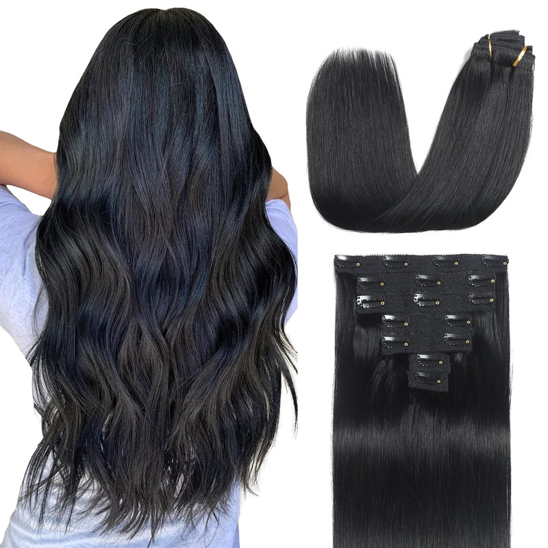 Sisily Clip In Hair Extensions Real Human Hair 22 Inch 120G Jet Black 100