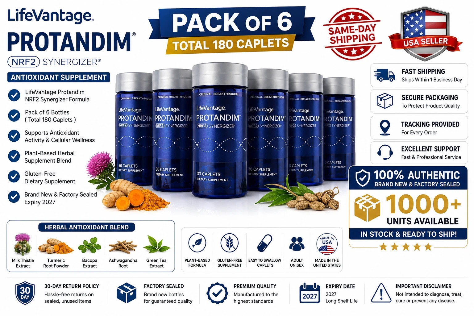 LifeVantage’ Protandim NRF2 Synergizer 180 Caplets–Pack of 6(180 Caplets) Sealed