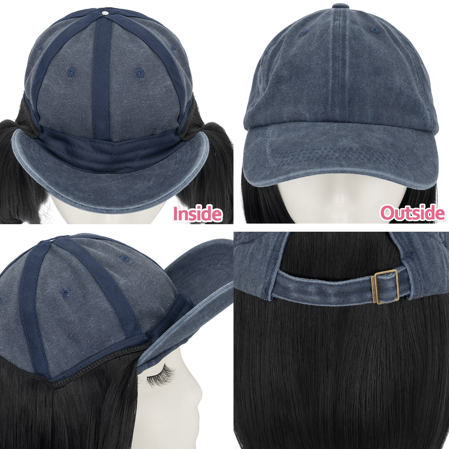 Instant Style 6″ Straight Cap Wig Adjustable Baseball Hat with Attached Hair USA