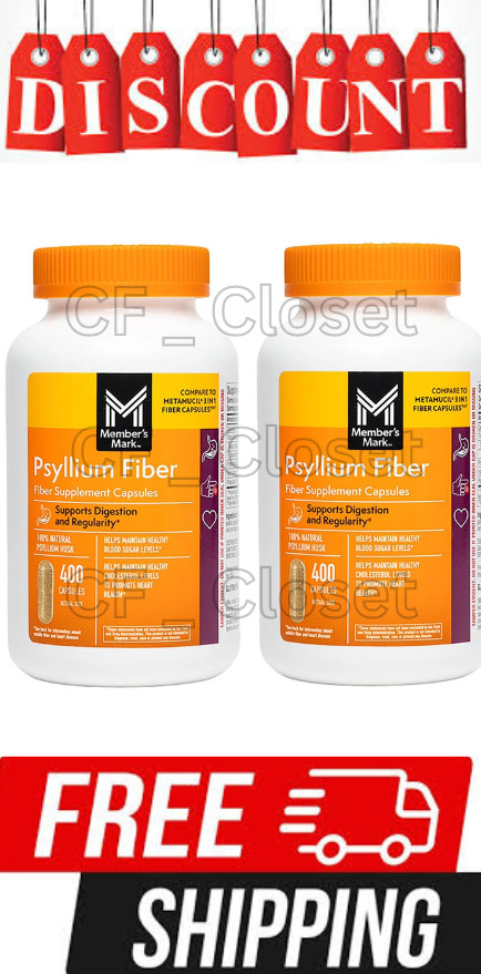 2 Pack – Member’s Mark 100% Psyllium Husk Fiber Capsules, 400 ct (Total 800)