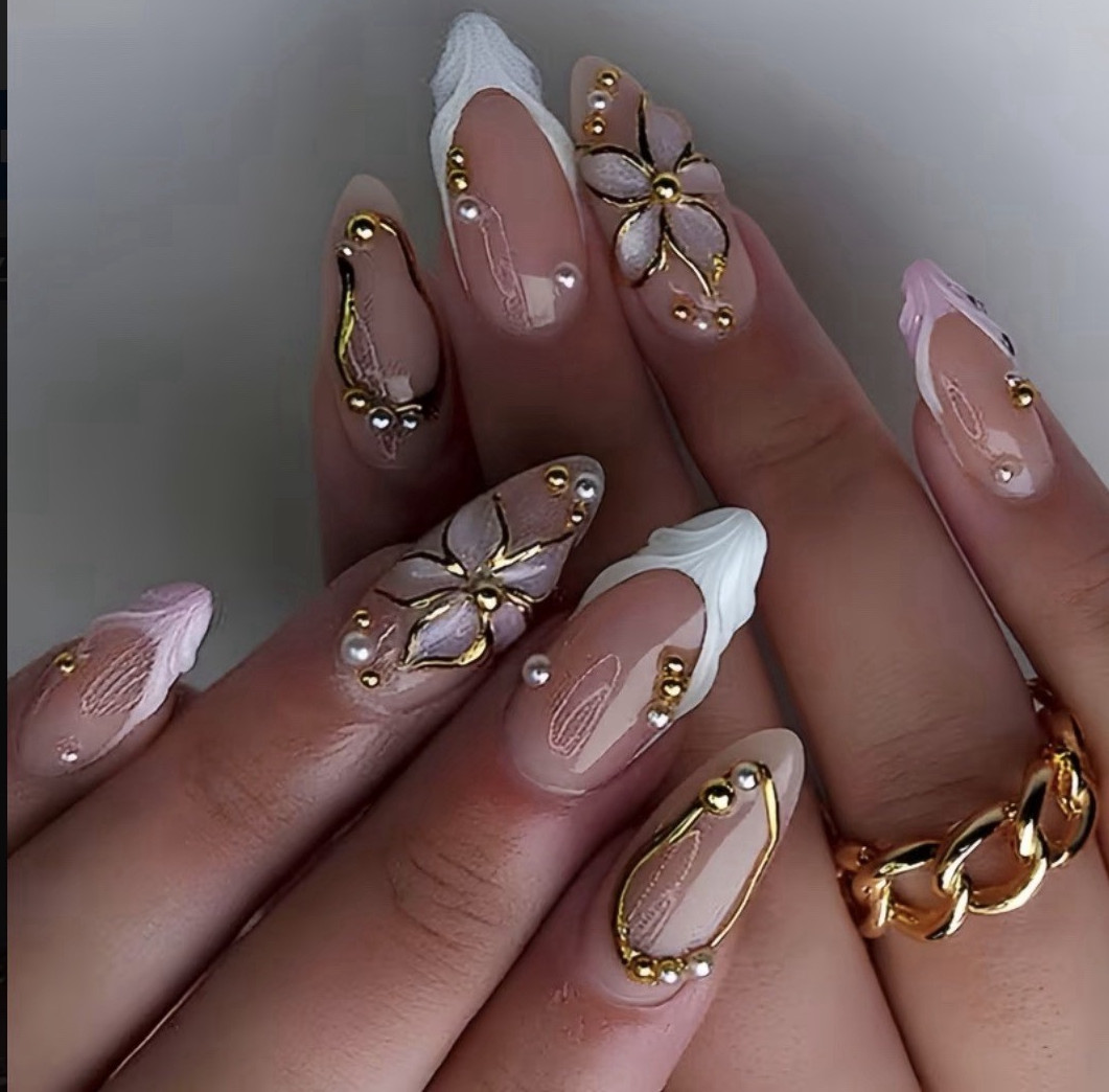 Pink White Gold Floral French 3D Self-Adhesive Press-On Nails Almond Medium