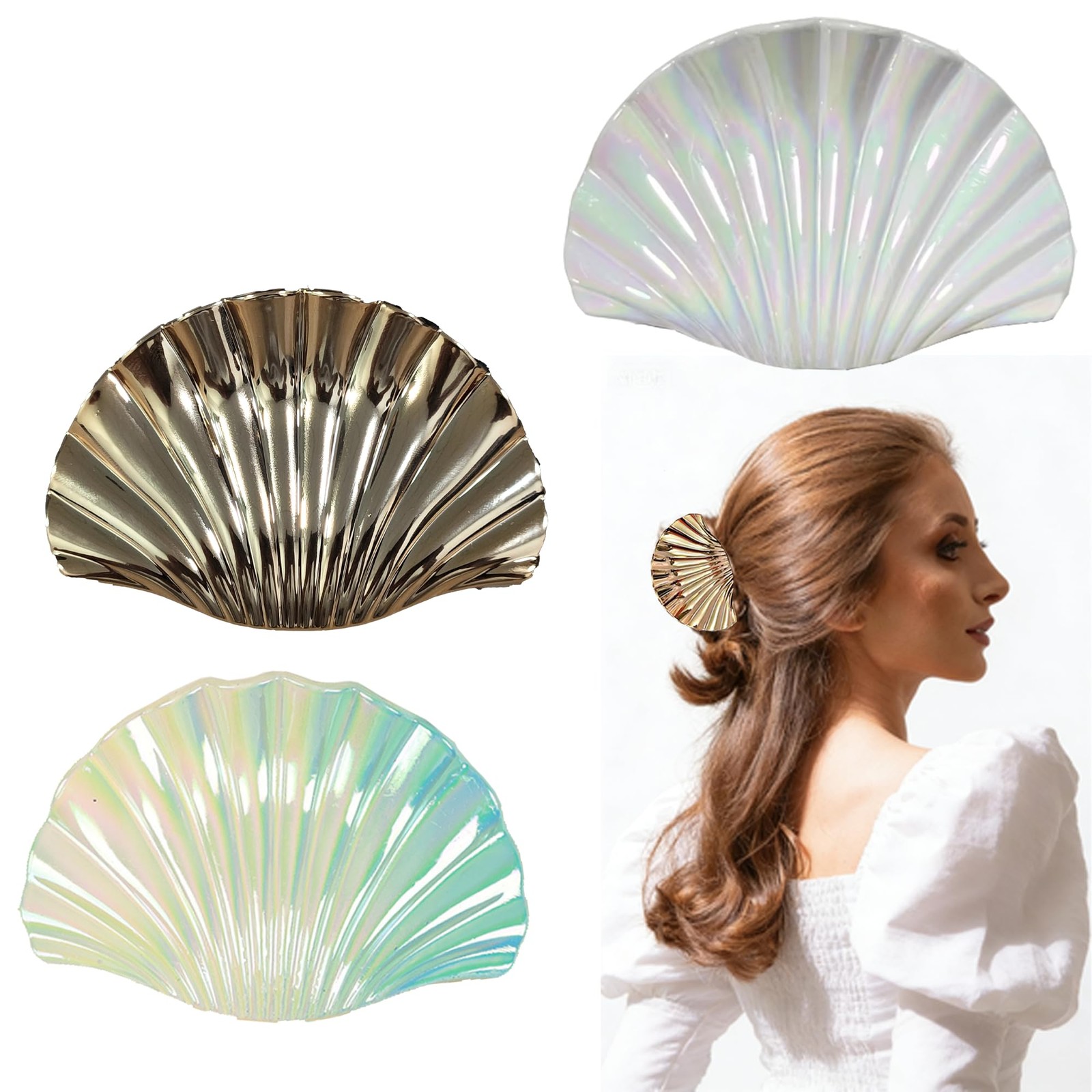 3PCS Seashell Claw Clip for Women 3.74 Inch 3 Count (Pack of 1), Gold colour