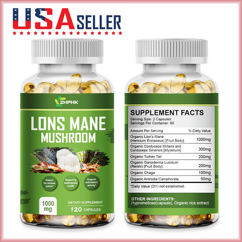 ZHPHK Lions Mane Extract Mushroom 1000mg – 120 High Strength Vegan Capsules