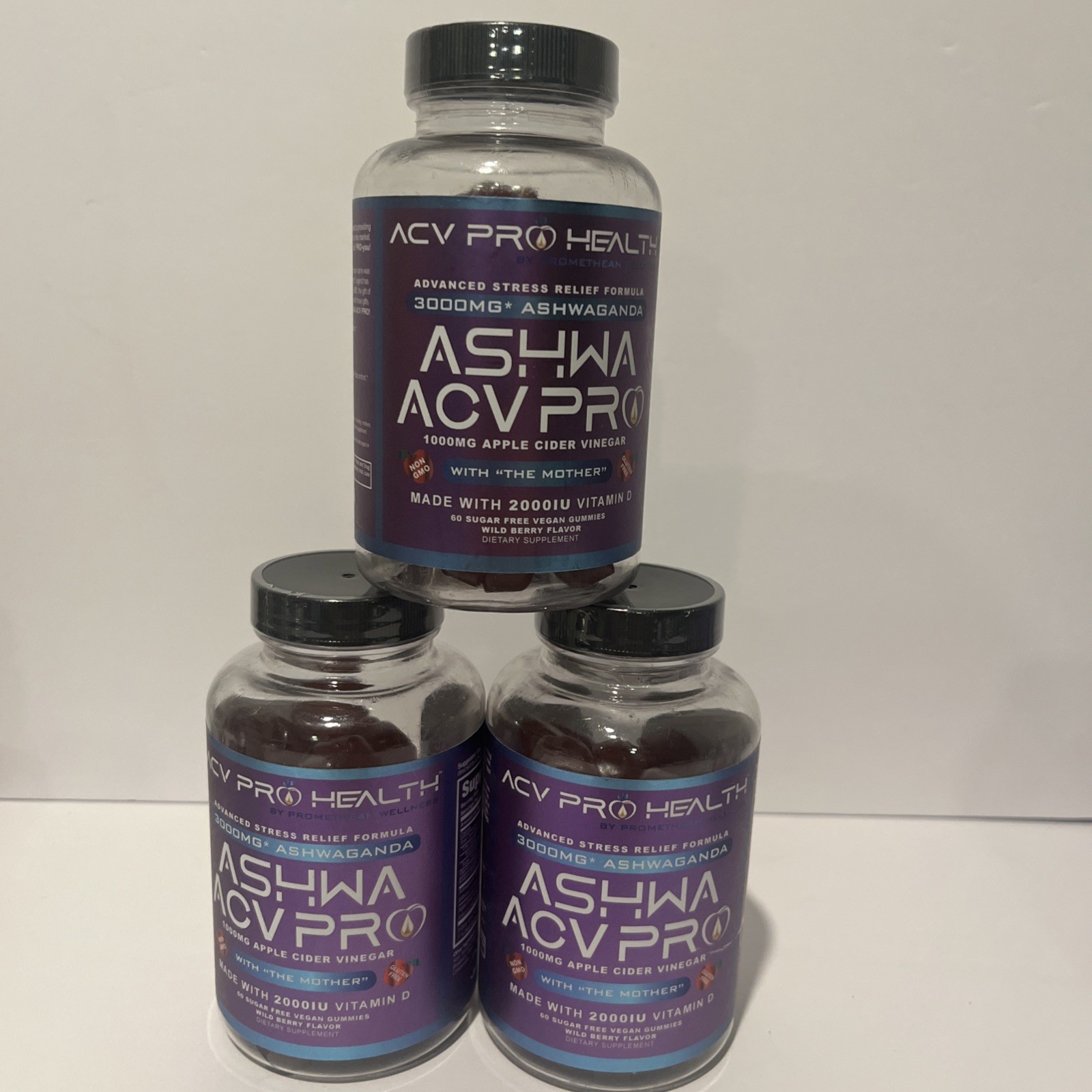 3 Pack – ASHWA ACV PRO Ashwaganda 1000 Apple Cider Vinegar 2000IU Vitamin D