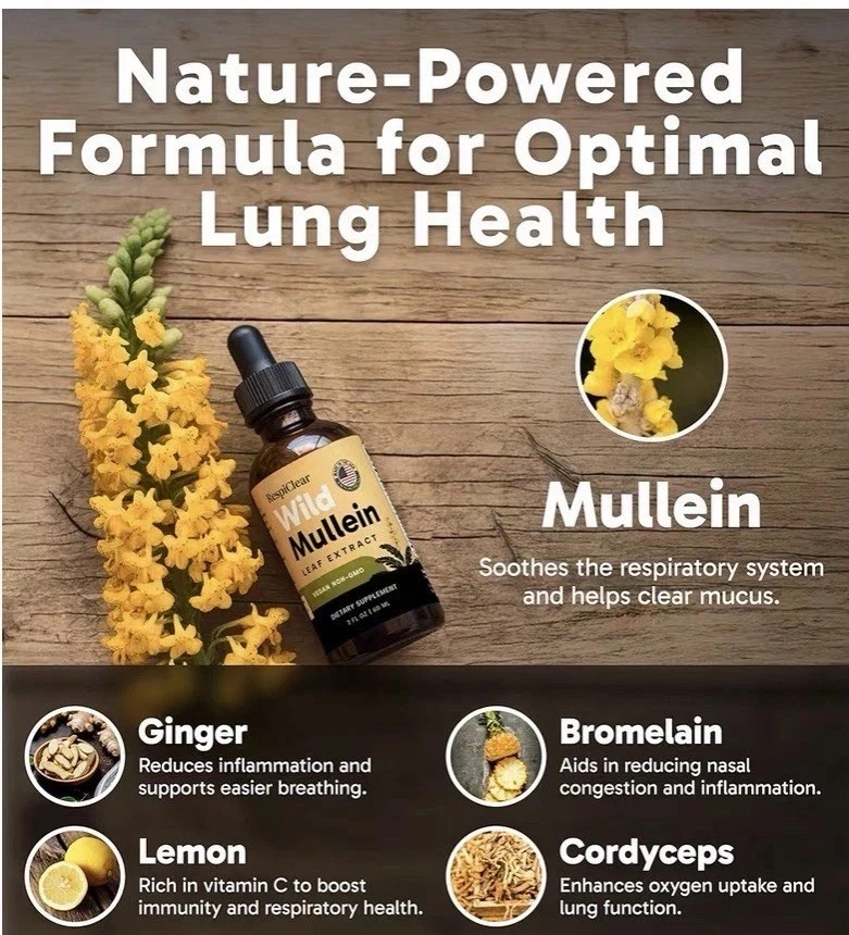 RespiClear Wild Mullein Leaf Extract Liquid Drops Vegan Lemon Non-GMO 2 fl oz