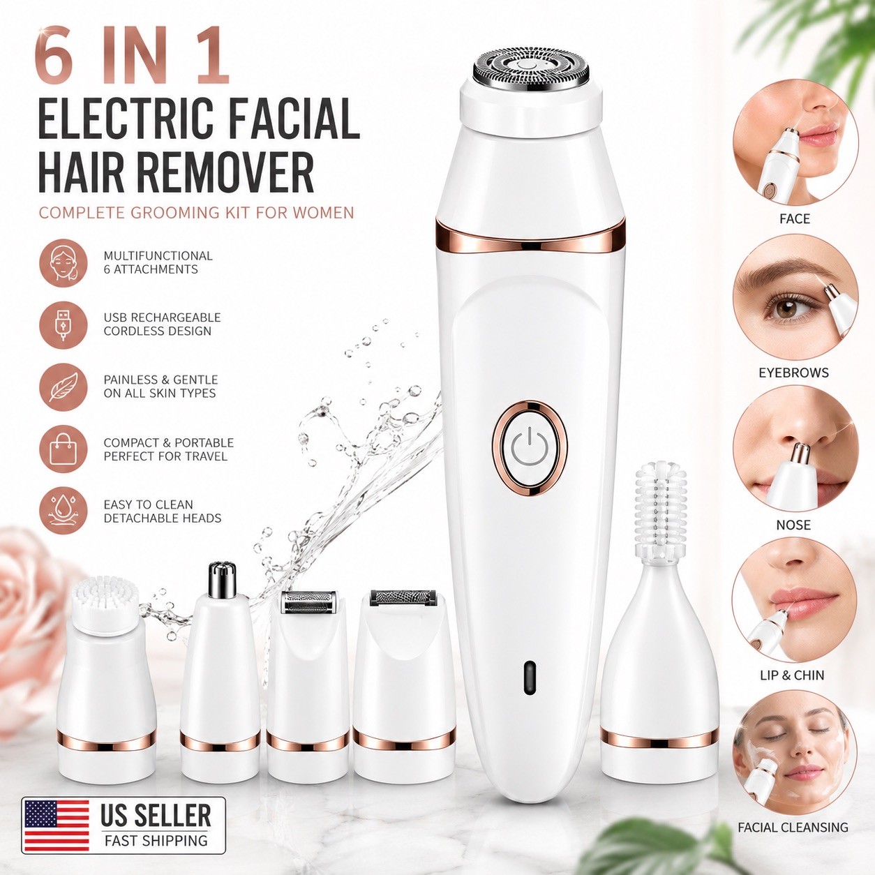 6-in-1 Women’s Electric Facial Hair Remover USB Rechargeable Grooming Kit