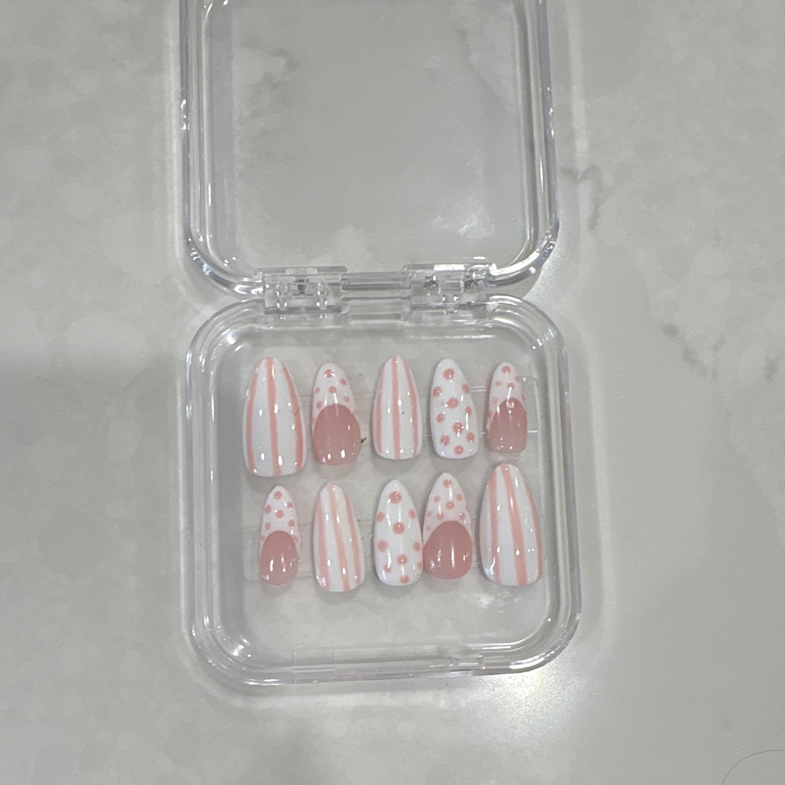 French Full Cover Coffin Press-On Nails, Pink & White Polka Dot, Medium