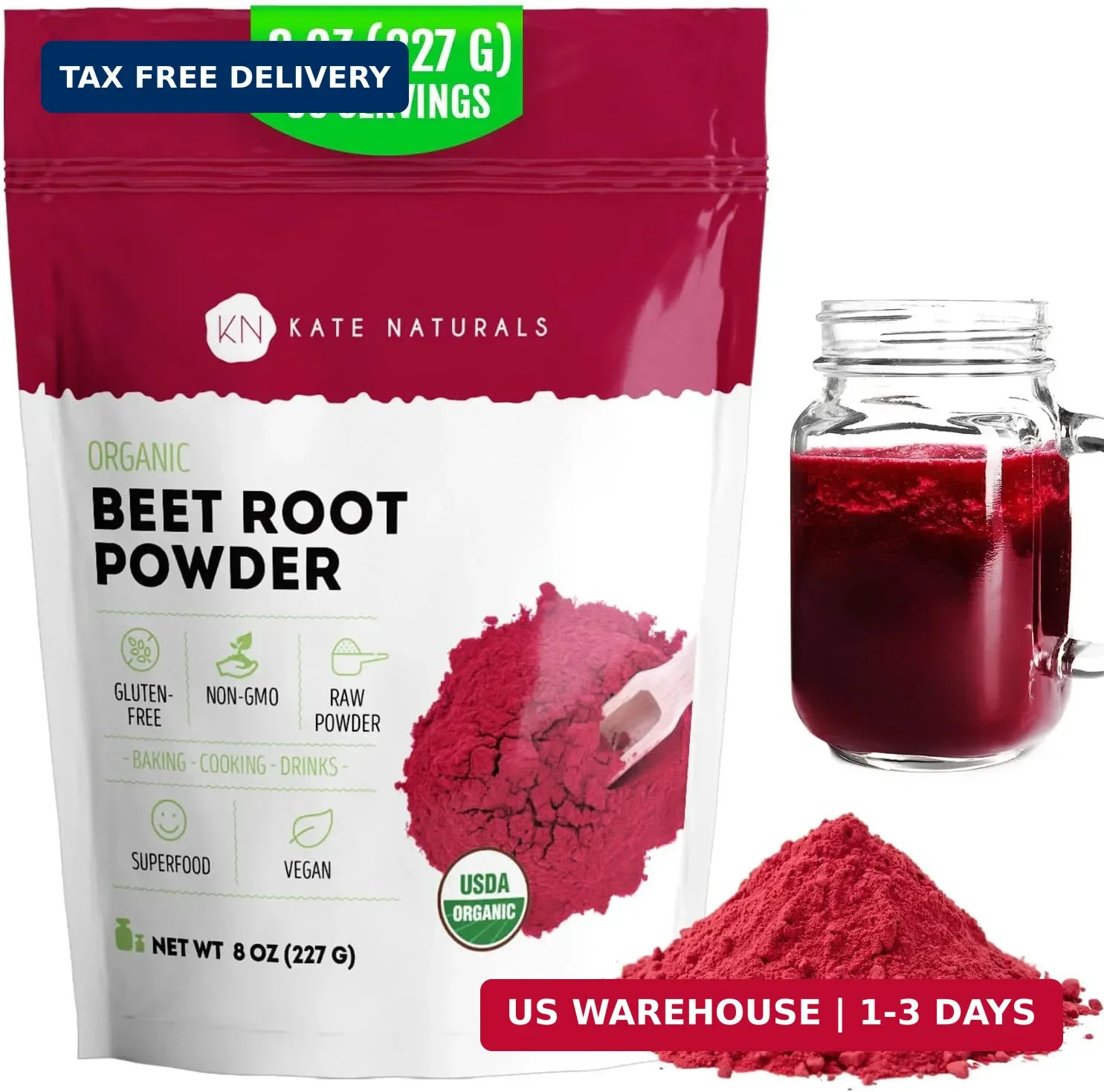 Kate Naturals Organic Beet Root Powder for Smoothies, Baking & Juice. Raw Beetro