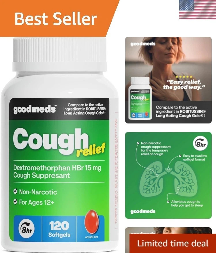 Cough Relief for Adults Softgels Dextromethorphan HBr DXM 15mg 8Hour, Non-Dro..