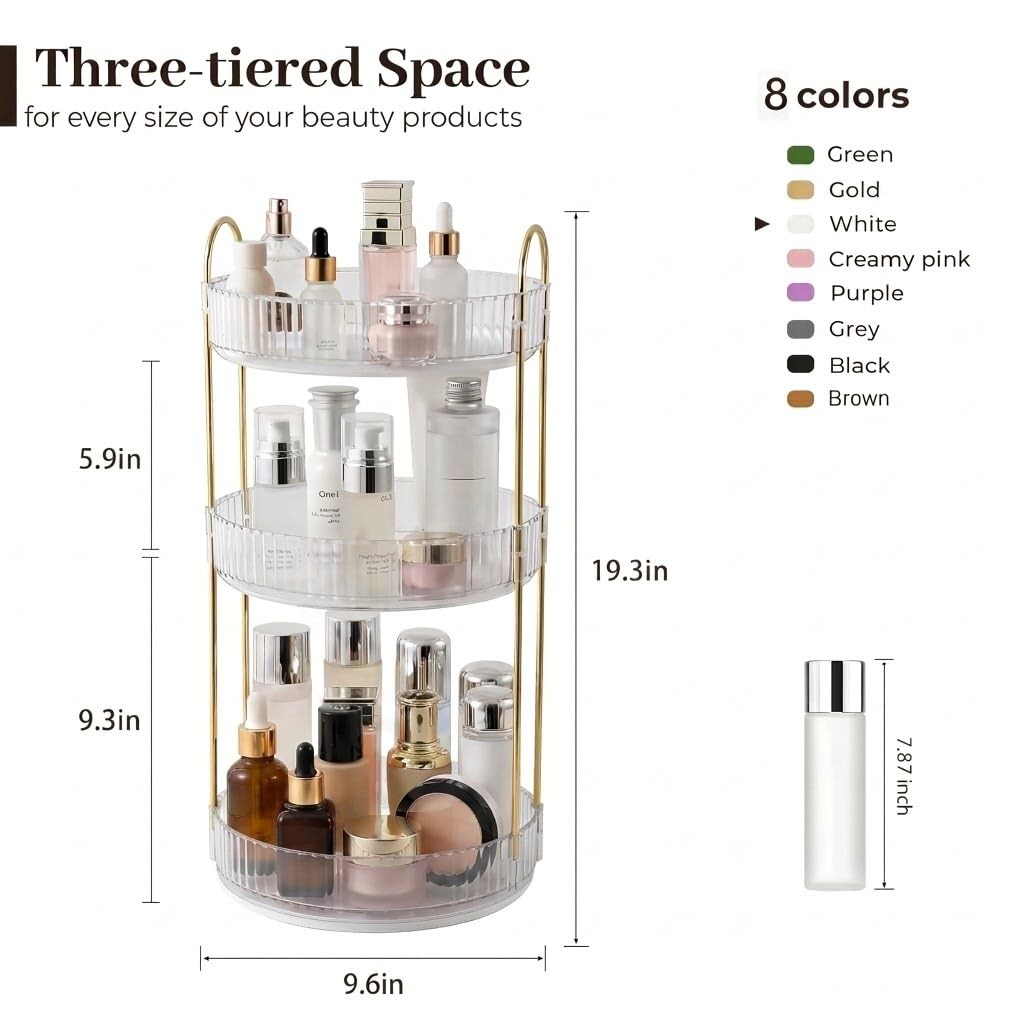 Crystal Three-Layer 360° Rotating Cosmetic Stand, Premium Solid Metal Pole St…