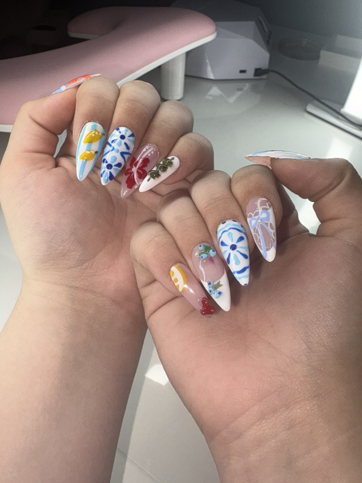 Long almound Press-On Nails Full Cover White Multicolor 3D Floral Design